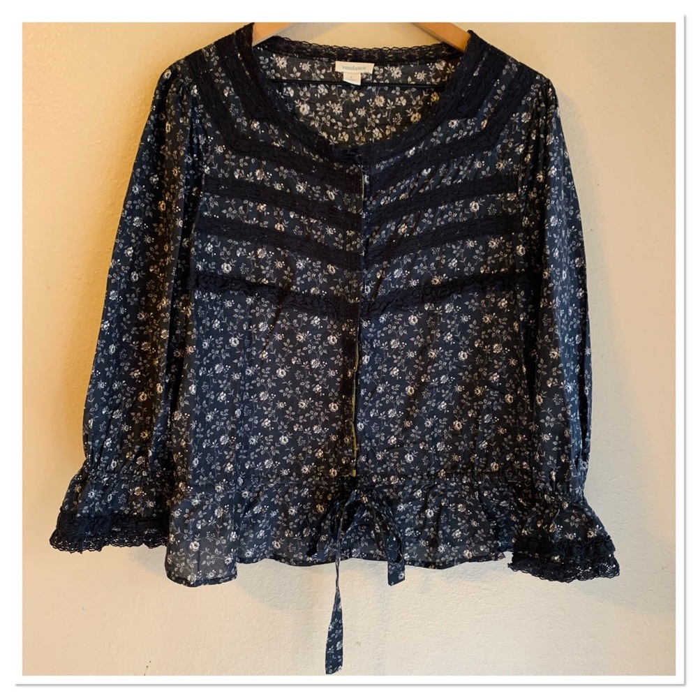Sundance Navy Blue Floral Lace Trim Peasant Blouse